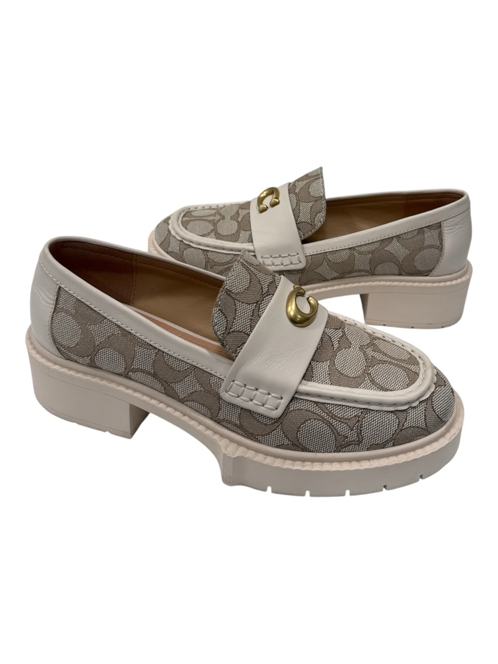 Coach Beige Signature Canvas Loafers Cream Strap and Gold Hardware size 6.5 B - Picture 9 of 12